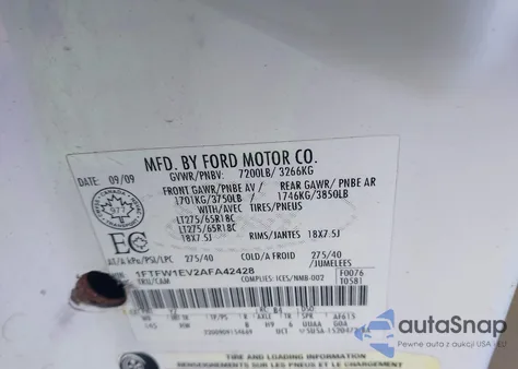 2010 Ford F-150 Lariat z USA, uszkodzony, nr VIN 1FTFW1EV2AFA42428